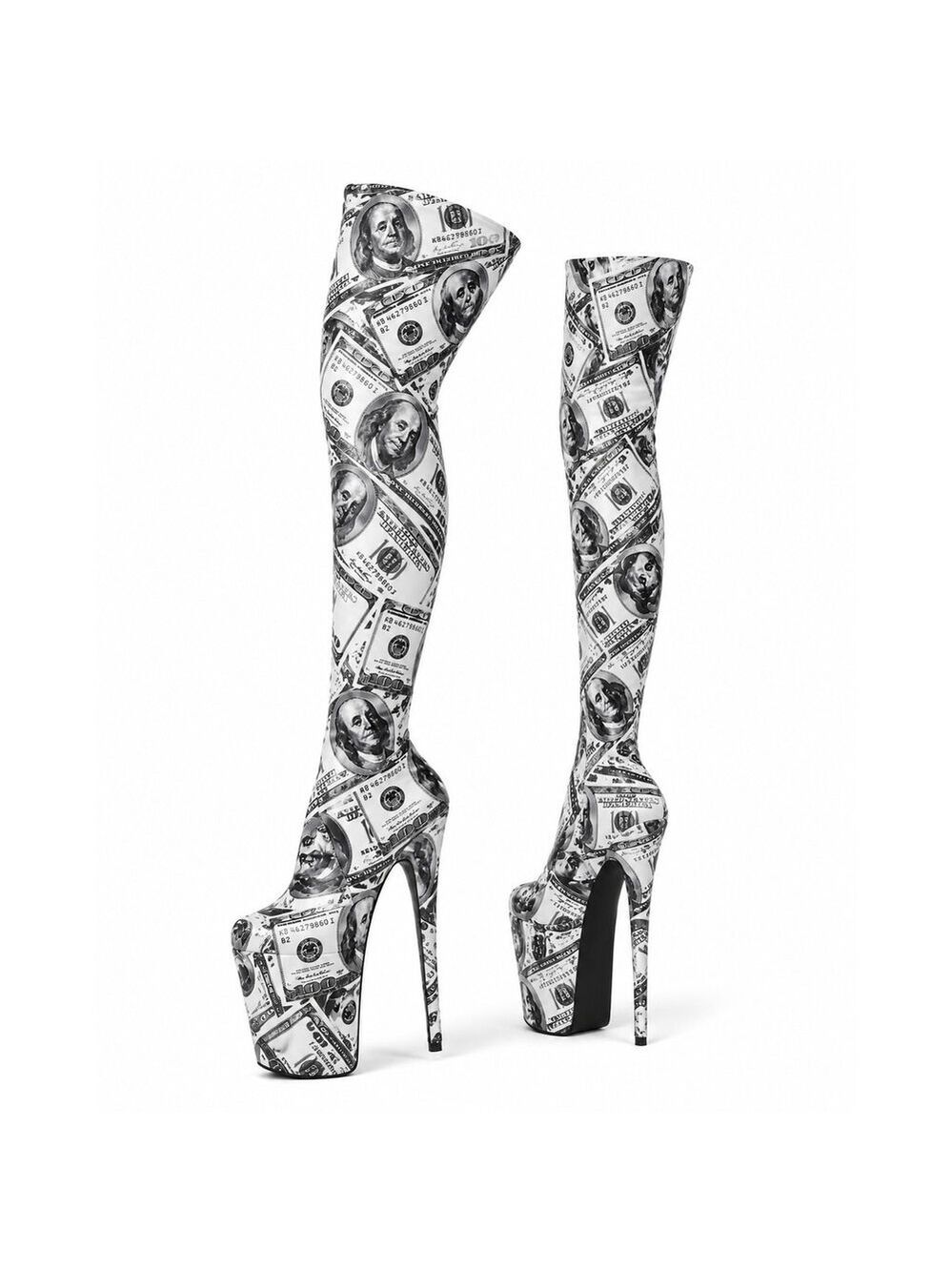 NIB Flamingo 3000DP Money Print Stretch Thigh High Platform 8" Heel Boots